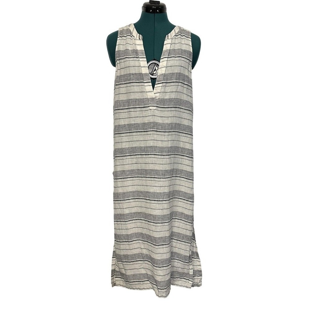 Athleta Midi Dress Sleeveless V-Neck Linen Striped S White Gray Casual Beach